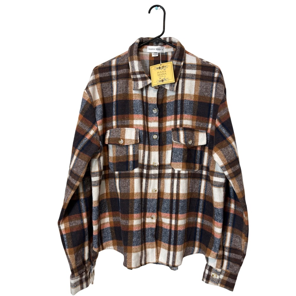 HAHA MAMA Plaid Shacket Women 2XL Brown New With Tags Flannel Button Down